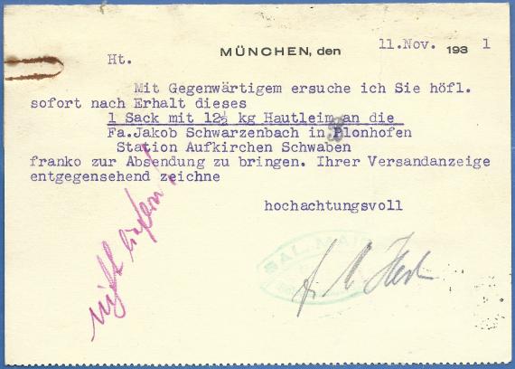 Postkarte - Sal. Maier Geschäftspostkarte der Fa. Sal. Maier in München, - versandt am 11. November 1931 - Kartenrückseite
