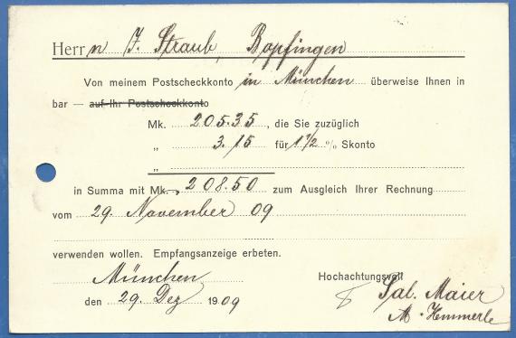 Postkarte - Sal. Maier Geschäftspostkarte der Fa. Sal. Maier in München, - versandt am 29. Dezember 1909 - Kartenrückseite