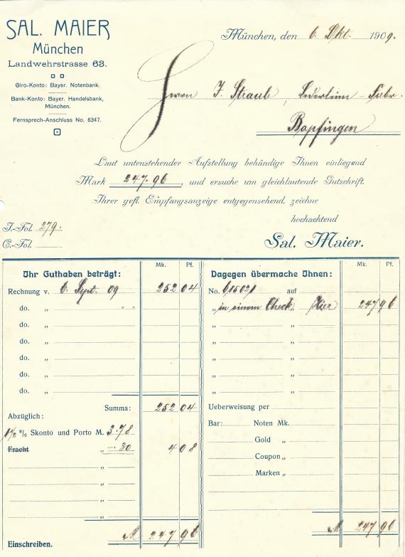 Geschäftsschreiben - Sal. Maier Geschäftsschreiben der Fa. Sal. Maier in München vom 6. Oktober 1909
