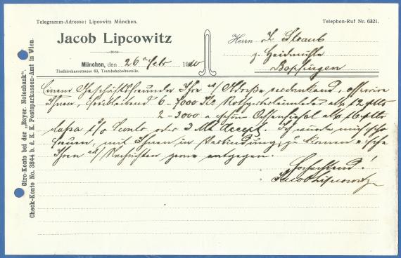 Geschäftsschreiben der Fa.Jacob Lipcowitz vom 26. Februar 1910