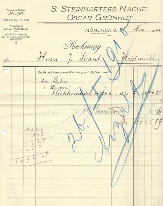 Rechnung - Fa. S. Steinharters Nachf. Oskar Grünhut Rechnung der Fa. S. Steinharters Nachf. Oskar Grünhut in München vom 11. November 1909
