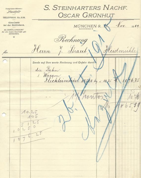 Invoice from S. Steinharters Nachf. Oskar Grünhut in Munich dated November 11, 1909