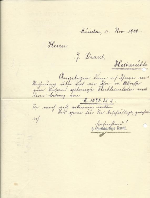 Rechnung - Fa. S. Steinharters Nachf. Oskar Grünhut Rechnung der Fa. S. Steinharters Nachf. Oskar Grünhut in München vom 11. November 1909 - Rechnungsrückseite