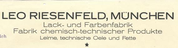 Business letter from the paint and varnish factory Leo Riesenfeld in Munich dated March 7, 1923 - enlarged section of company name