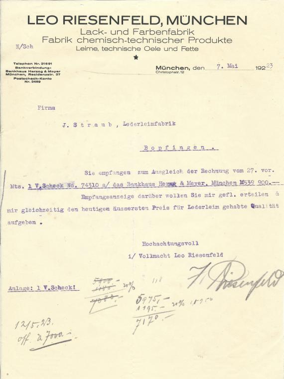 Business letter from the Leo Riesenfeld paint and varnish factory in Munich dated March 7, 1923