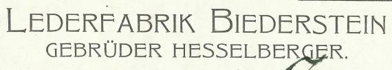 Business communication of the leather factory Biederstein - Gebrüder Hesselberger, written on January 10, 1910 - detail enlargement company name