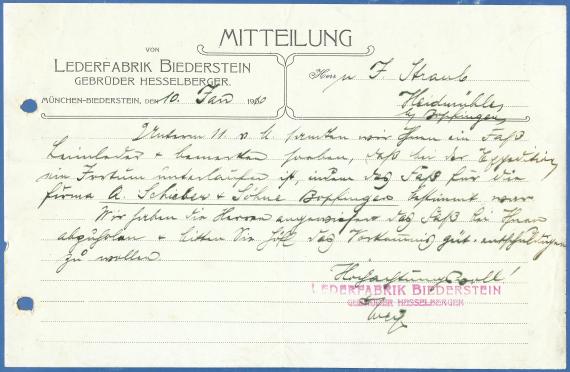 Geschäftliche Mitteilung der Lederfabrik Biederstein - Gebrüder Hesselberger, geschrieben am 10. Januar 1910  