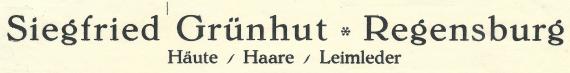 Rechnung - Siegfried Grünhut Rechnung der Fa. Siegfried Grünhut, Häute/Haare/Leimleder in Regensburg, - vom 7. November 1937 - Ausschnittvergrößerung Firmenname