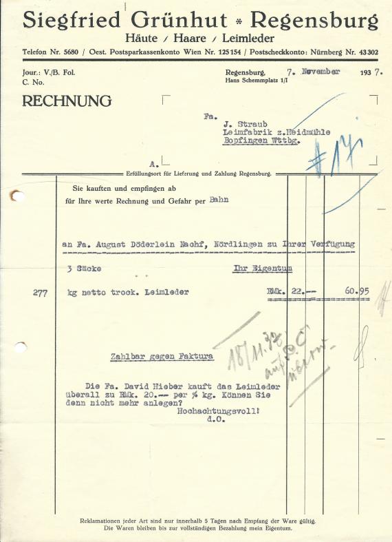 Rechnung - Siegfried Grünhut Rechnung der Fa. Siegfried Grünhut, Häute/Haare/Leimleder in Regensburg, - vom 7. November 1937
