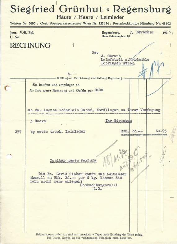 Invoice from Siegfried Grünhut, hides/hair/glue leather in Regensburg, - dated November 7, 1937