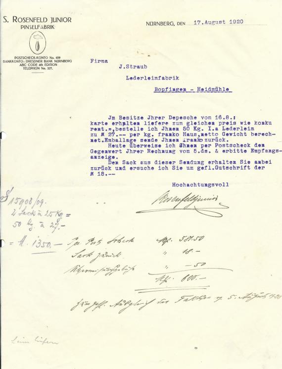 Geschäftsbrief der Pinselfabrik S. Rosenfeld Junior in Nürnberg vom 17. August 1920  