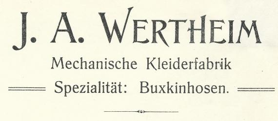 Invoice from the mechanical clothing factory J. A. Wertheim in Essen - Ruhr dated August 14, 1909 - detail enlargement of company name