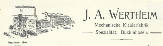 Rechnung der Mechanischen Kleiderfabrik J. A. Wertheim in Essen - Ruhr vom 14. August 1909 - Ausschnittvergrößerung Rechnungskopf