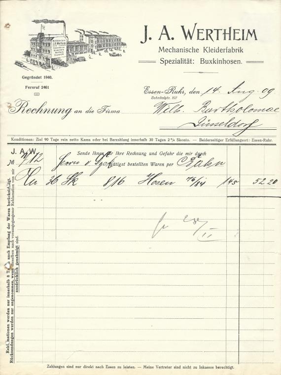 Invoice from the mechanical clothing factory J. A. Wertheim in Essen - Ruhr dated August 14, 1909