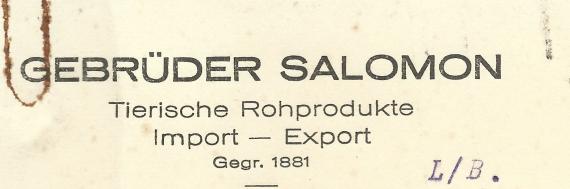 Geschäftsschreiben - Tierische Rohprodukte, Import-Export - Gebrüder Salomon in Altona / Elbe, - vom 18. Mai 1931 - Ausschnittvergrößerung Firmenname