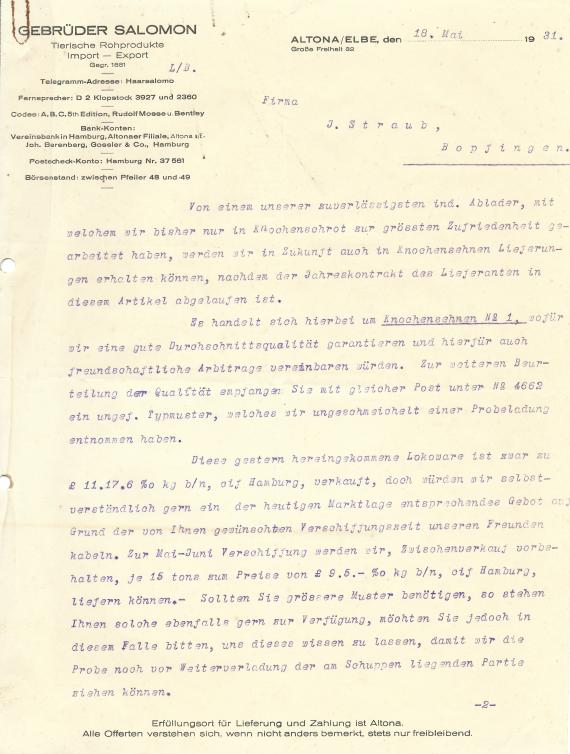 Geschäftsschreiben - Tierische Rohprodukte, Import-Export - Gebrüder Salomon in Altona / Elbe, - vom 18. Mai 1931