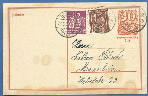 Postkarte privater Art an Herrn Nathan Bloch in Mannheim, Hebelstraße 29, - versandt am 26. Juni 1922