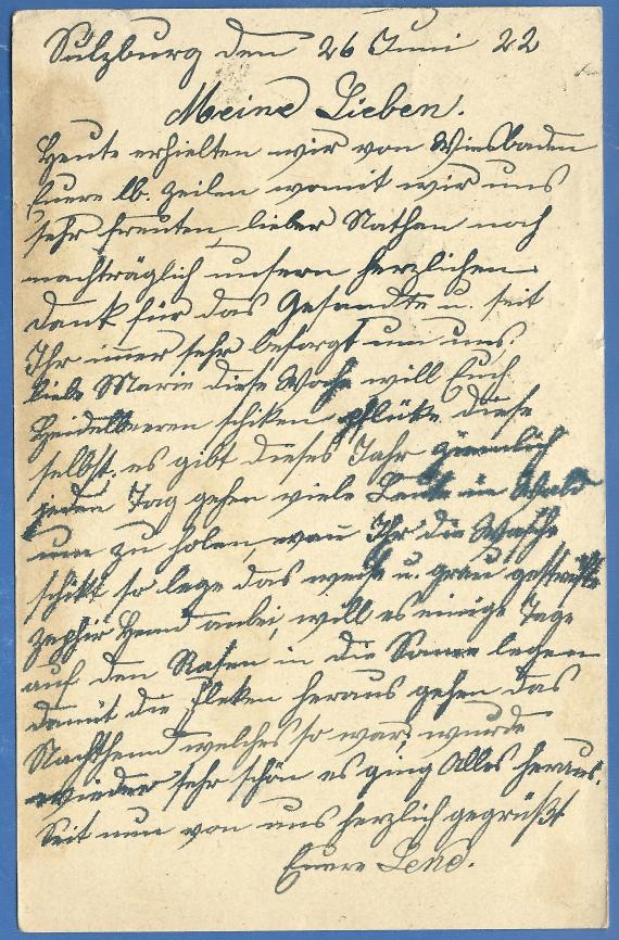 Postkarte privater Art an Herrn Nathan Bloch in Mannheim, Hebelstraße 29, - versandt am 26. Juni 1922  -  Kartenrückseite