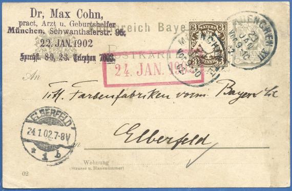 Postkarte geschäftlicher Art von Dr. Max Cohn, pract. Arzt und Geburtshelfer in München, - versandt 23. Januar 1902