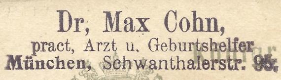 Postkarte geschäftlicher Art von Dr. Max Cohn, pract. Arzt und Geburtshelfer in München, - versandt 23. Januar 1902  - Ausschnittvergrößerung Adresse