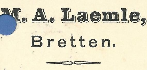 Geschäfts-Postkarte der Herdfabrik M.A. Laemle in Bretten, - versandt am 5. März 1902  - Ausschnittvergrößerung Firmenname