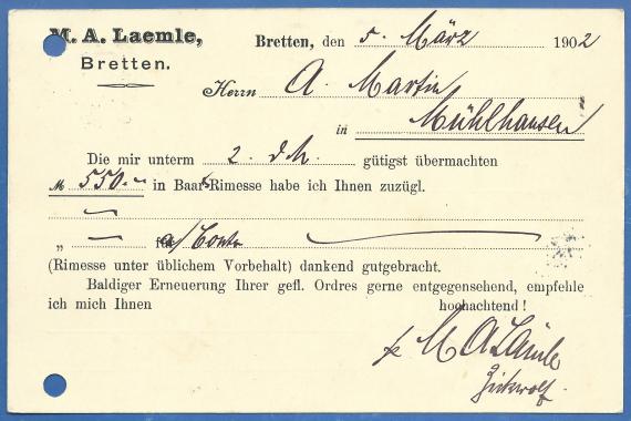 Business postcard of the stove factory M.A. Laemle in Bretten, - mailed March 5, 1902 - back of card