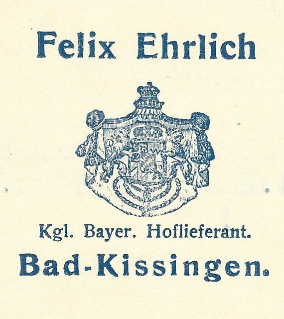 Business postcard Felix Ehrlich, Königlich bayerischer Hoflieferant, Bad Kissingen - mailed September 7, 1907 - detail enlargement company name