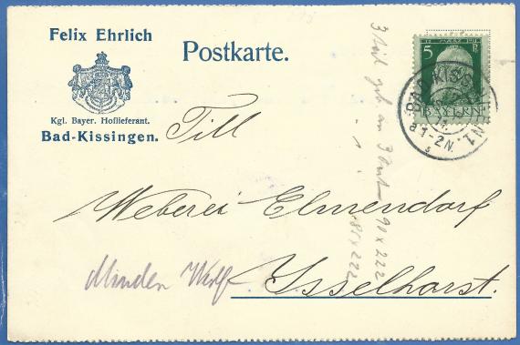 Geschäftspostkarte Felix Ehrlich, Königlich bayerischer Hoflieferant, Bad Kissingen - versandt am 7. September 1907