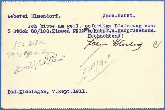 Geschäftspostkarte Felix Ehrlich, Königlich bayerischer Hoflieferant, Bad Kissingen - versandt am 7. September 1907 - Kartenrückseite