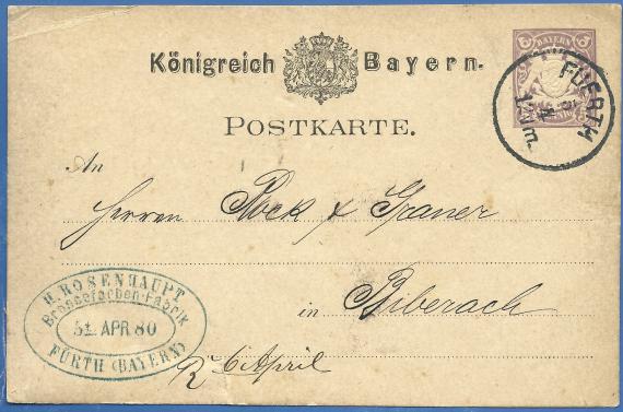 Postkarte geschäftlicher Art der Broncefarben-Fabrik H. Rosenhaupt in Fürth - versandt am 5. April 1880