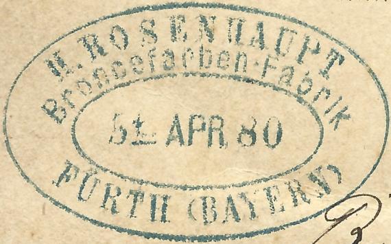 Postkarte geschäftlicher Art der Broncefarben-Fabrik H. Rosenhaupt in Fürth - versandt am 5. April 1880 - Ausschnittvergrößerung Firmenstempel