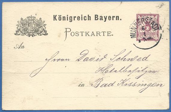 Postcard to Mr. David Schwed, hotel owner in Bad Kissingen, - mailed January 6, 1889