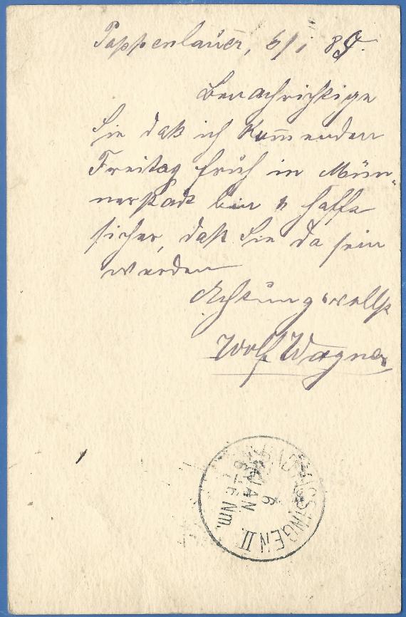 Postkarte an Herrn David Schwed, Hotelbesitzer in Bad Kissingen, - versandt am 6. Januar 1889  -  Kartenrückseite