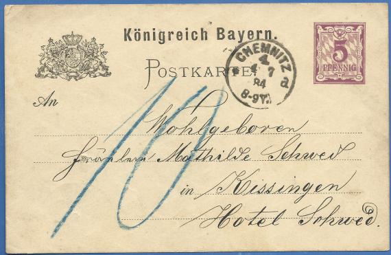 Postkarte - Glückwünsche zur Verlobung an Fräulein Mathilde Schwed in Kissingen, Hotel Schwed, - versandt am 1. Juli 1884