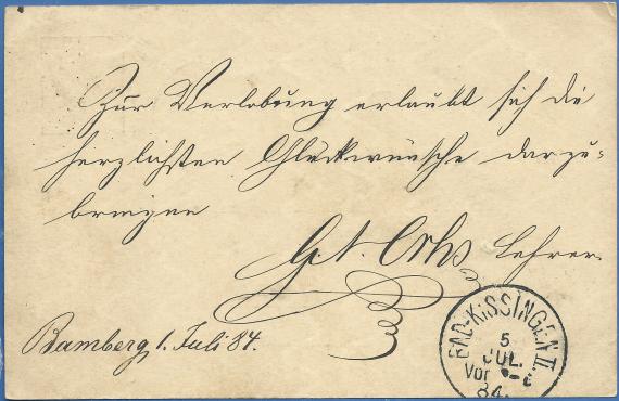 Postkarte - Glückwünsche zur Verlobung an Fräulein Mathilde Schwed in Kissingen, Hotel Schwed, - versandt am 1. Juli 1884  -  Kartenrückseite