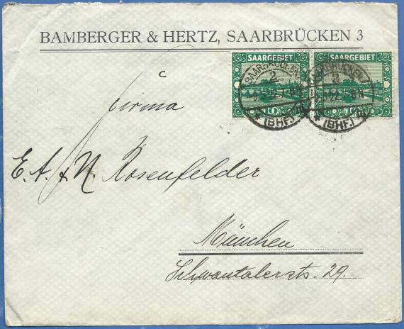 Envelope of the company Bamberger & Hertz, Saarbrücken 3, - mailed on May 9, 1922