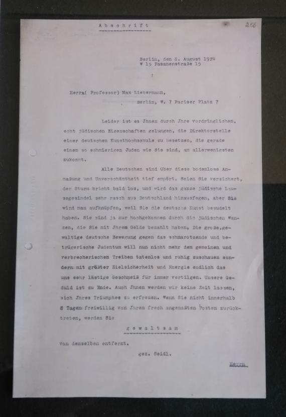 Antisemitischer Brief an Max Liebermann von 1924.