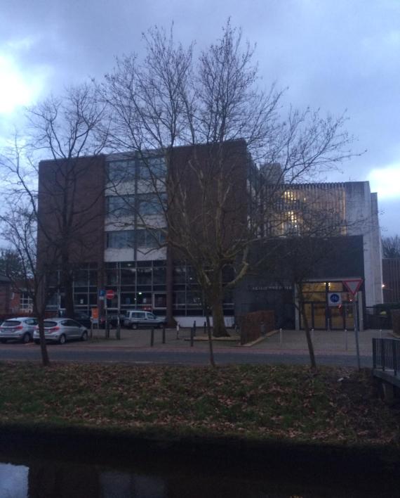 Das Farbfoto zeigt die Cäcilienschule, die im Bauhausstil gehalten ist. Das Gebäude besteht aus drei Stockwerken. Vor der Schule liegt ein Parkplatz. Vor dem Haus befindet sich ein Fluss. 