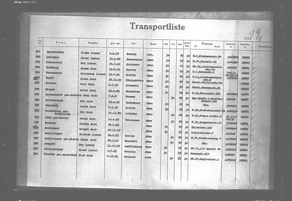 Ein Schwarz-Weiß Dokumentenscan von einem Ausschnitt einer Transportliste