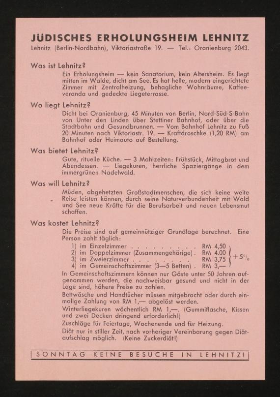 Informationsblatt für das Jüdisches Erholungsheim Lehnitz