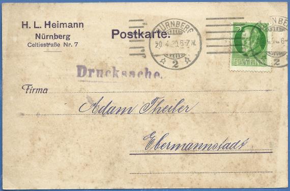 Postkarte - H. L. Heimann Geschäftspostkarte der Manufakturwaren-Großhandlung H. L. Heimann, Nürnberg - versandt am 20. April 1920