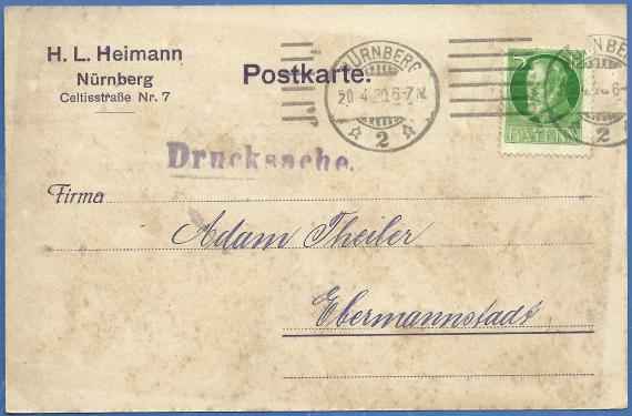 Geschäftspostkarte der Manufakturwaren-Großhandlung H. L. Heimann, Nürnberg - versandt am 20. April 1920  