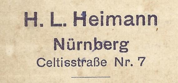 Geschäftspostkarte der Manufakturwaren-Großhandlung H. L. Heimann, Nürnberg  - versandt am 20. April 1920  - Ausschnittvergrößerung Firmenadresse