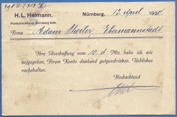 Postkarte - H. L. Heimann Geschäftspostkarte der Manufakturwaren-Großhandlung H. L. Heimann, Nürnberg - versandt am 20. April 1920 - Kartenrückseite
