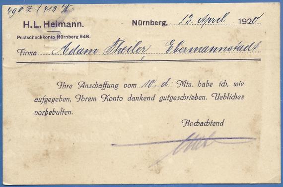 Geschäftspostkarte der Manufakturwaren-Großhandlung H. L. Heimann, Nürnberg - versandt am 20. April 1920  -  Kartenrückseite