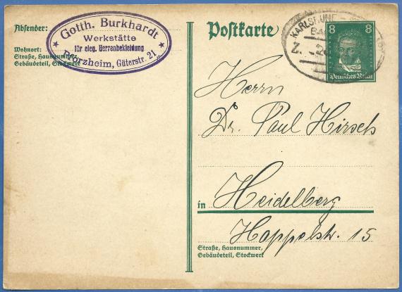 Postkarte an Herrn Dr. Paul Hirsch, Heidelberg, Happelstraße 15, - versandt am 28. April 1928