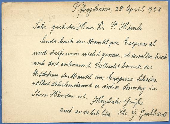 Postkarte an Herrn Dr. Paul Hirsch, Heidelberg, Happelstraße 15, - versandt am 28. April 1928  -  Kartenrückseite