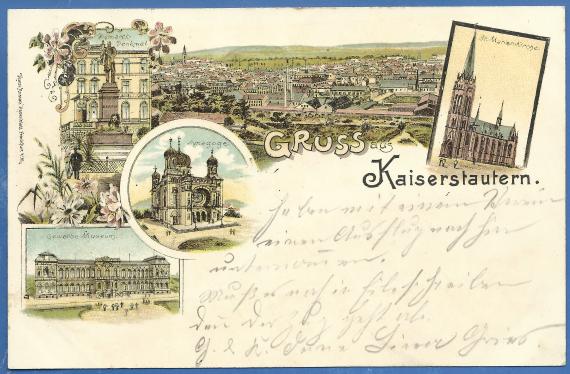 Historische Ansichtskarte ( Lithografie ) von Kaiserslautern mit verschiedenen Motiven, -  Bismarck-Denkmal, St. Marien-Kirche, Synagoge, Gewerbemuseum und einem Blick auf Kaiserslautern, - versandt am 18. Juli 1897  