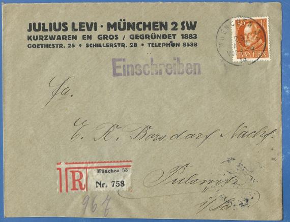 Geschäftsbriefumschlag von Julius Levi, Kurzwaren en gros, München, - versandt am 29. April 1914  