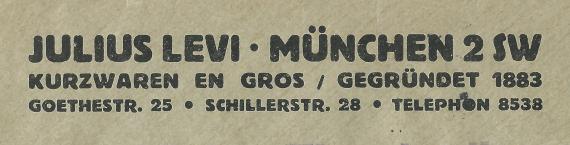Briefumschlag - Julius Levi Geschäftsbriefumschlag von Julius Levi, Kurzwaren en gros, München, - versandt am 29. April 1914 - Ausschnittvergrößerung Firmenanschrift